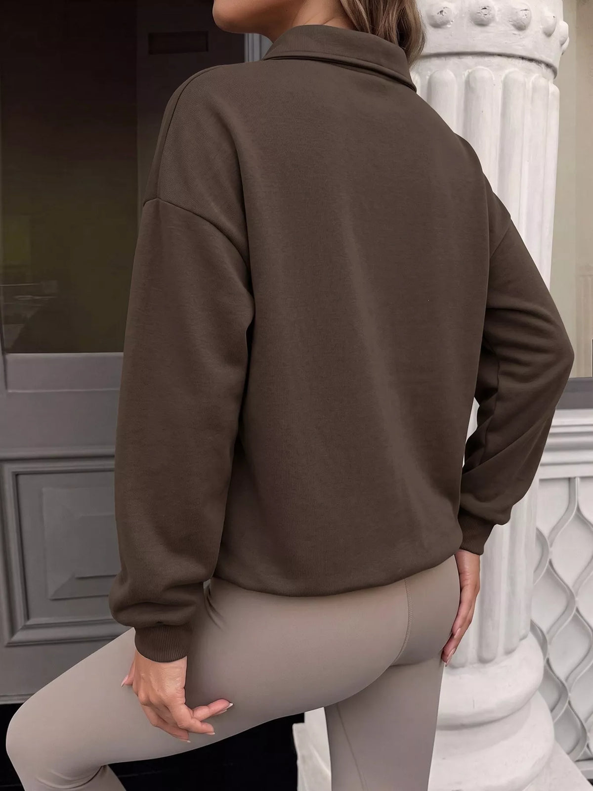 Polo Collar Dropped Shoulder Sweatshirt - Lilixa.store