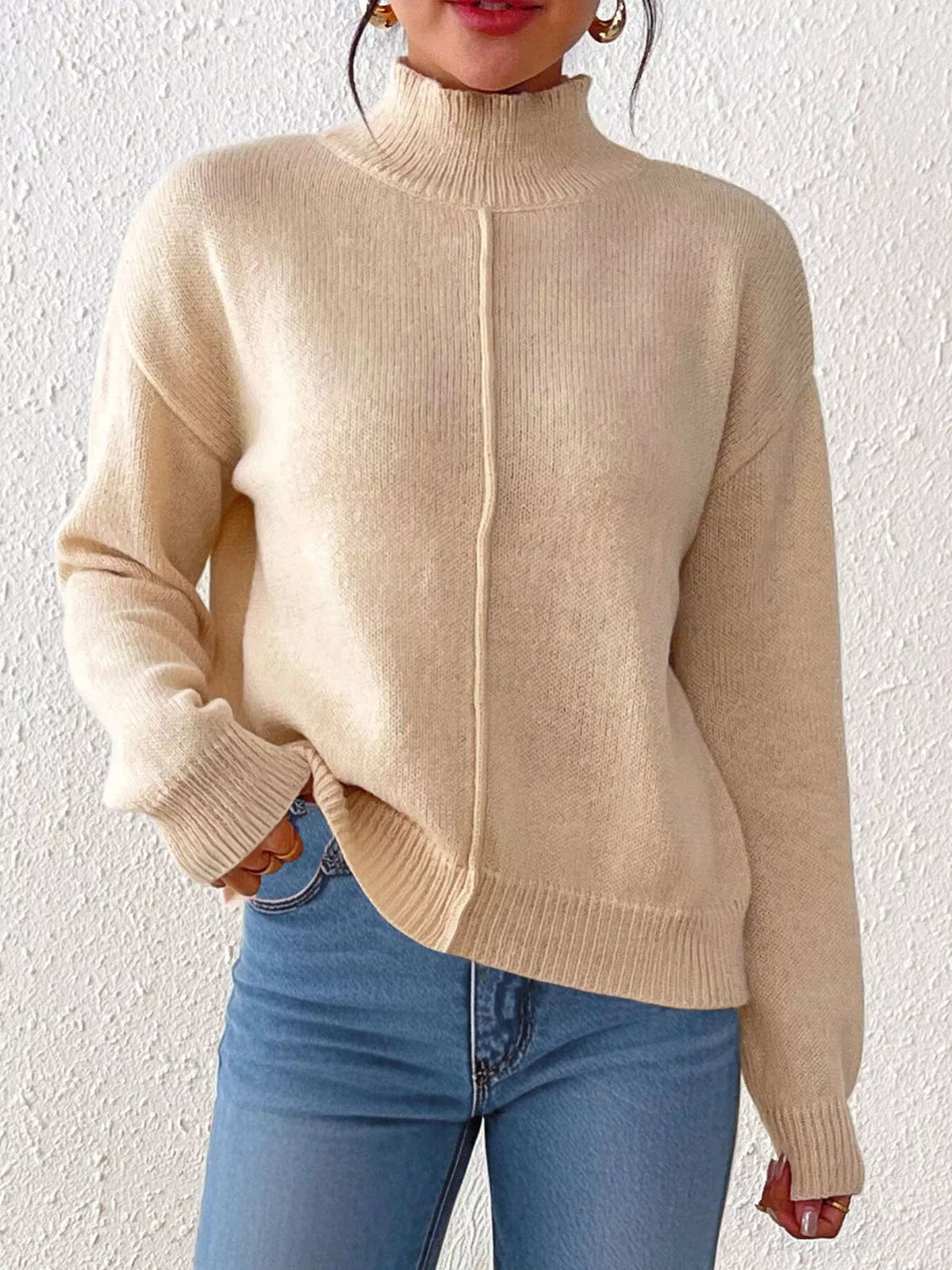 Center Seam Detail Turtleneck Sweater - Lilixa.store
