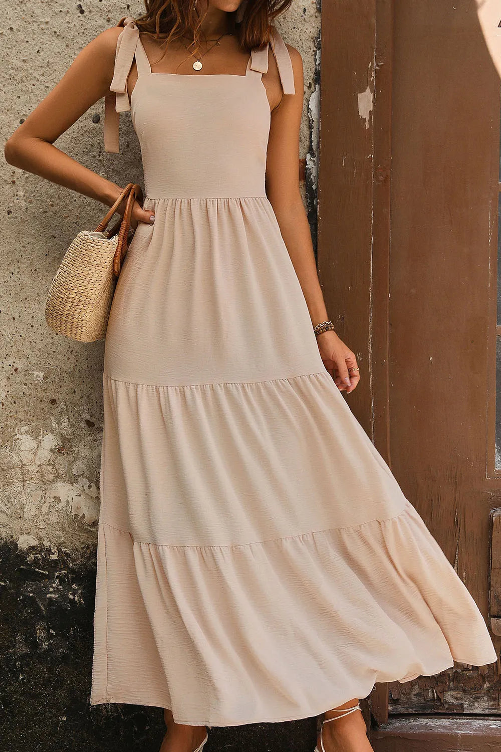 Perfee Tie Shoulder Smocked Tiered Dress - Lilixa.store