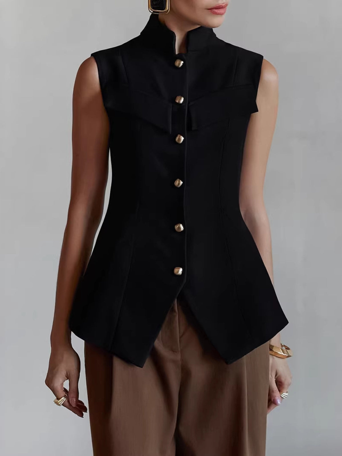 Stand Collar Button-Down Vest Coat - Lilixa.store