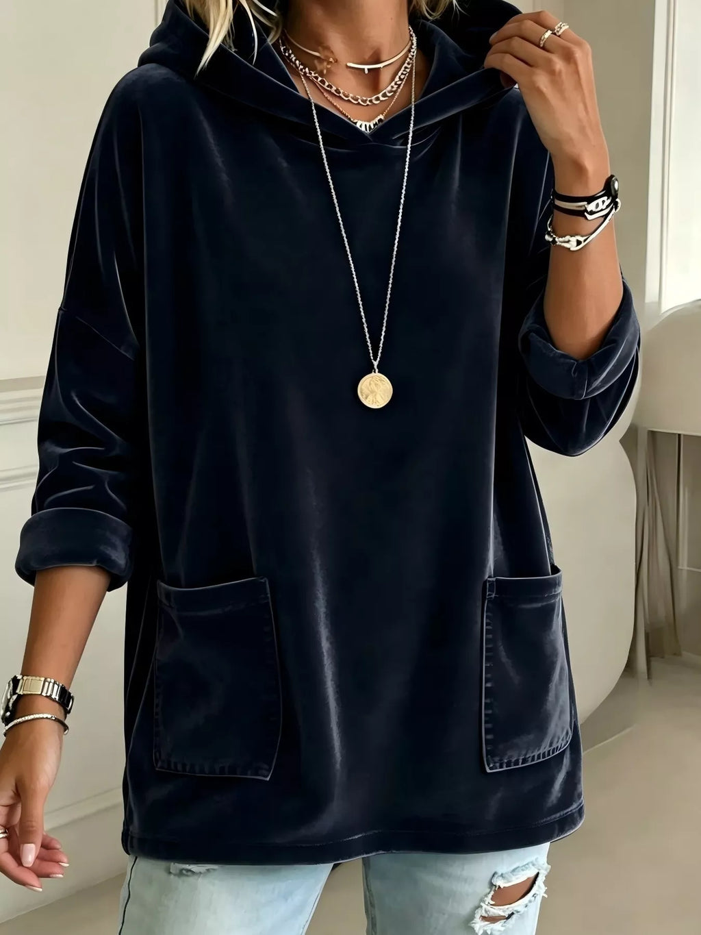 Full Size Velvet Long Sleeve Hoodie with Front Pockets Plus Size - Lilixa.store