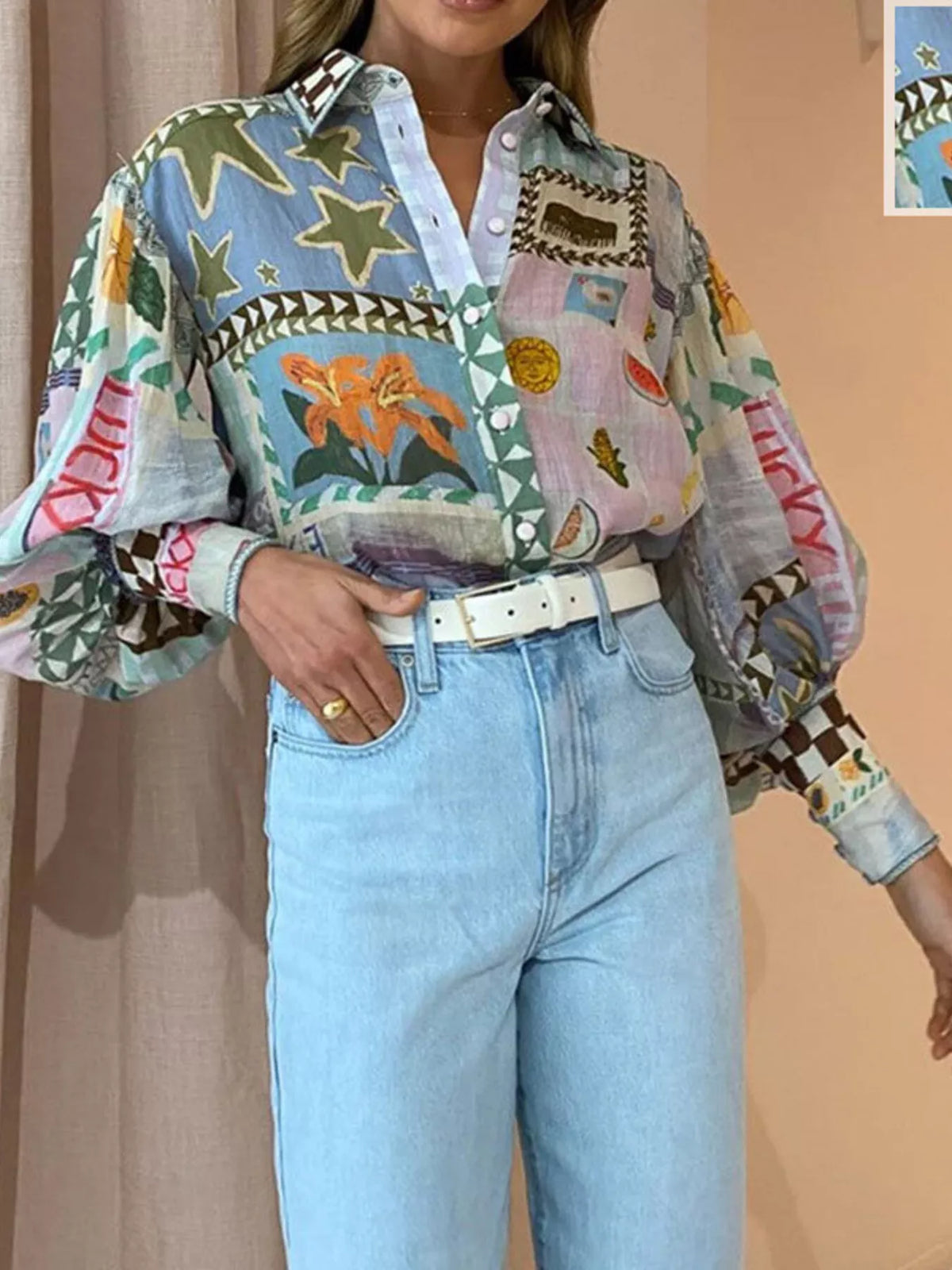 Full Size Printed Lantern Sleeve Button Up Shirt Plus Size in Lilac