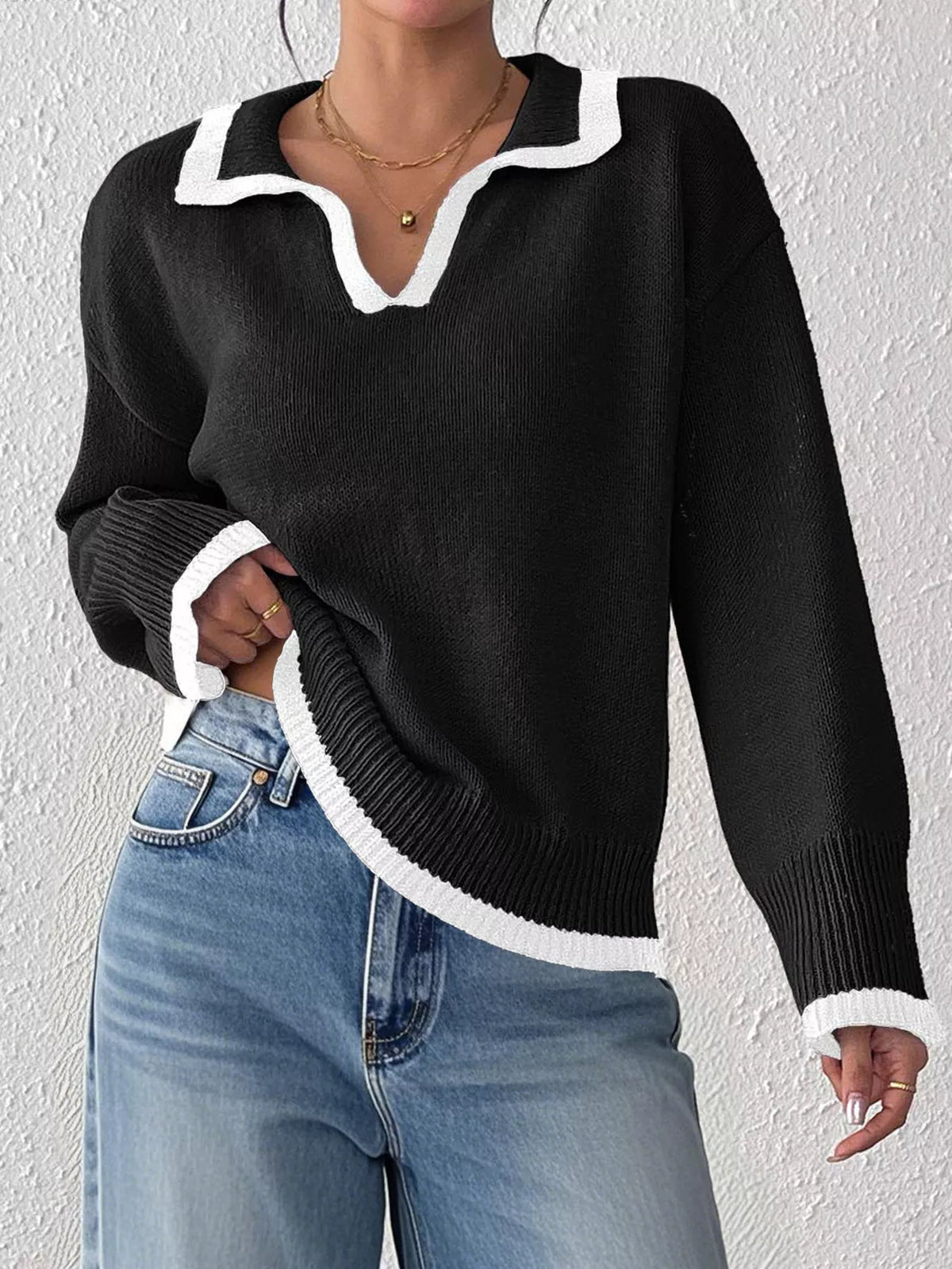 Contrast Trim Polo Collar Sweater - Lilixa.store