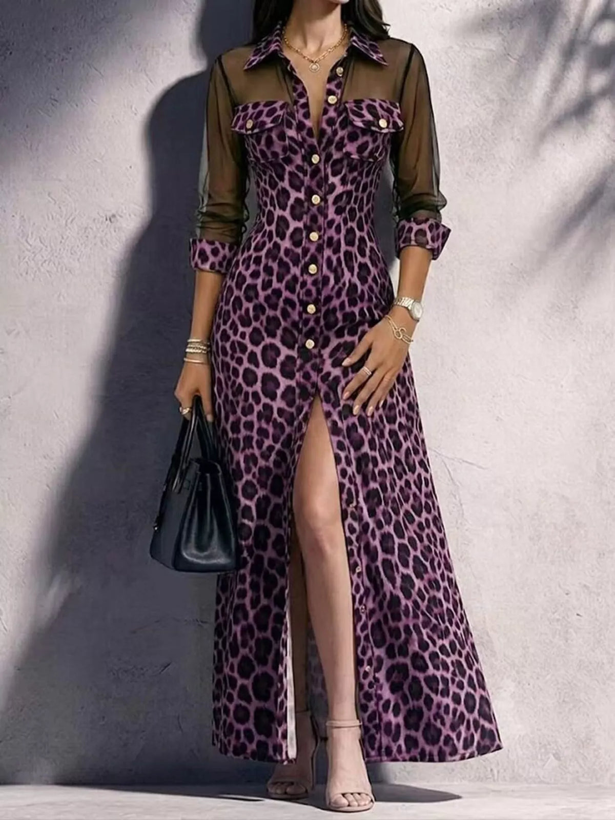 Full Size Leopard Sheer Mesh Long Sleeve Button-Down Maxi Dress Plus Size