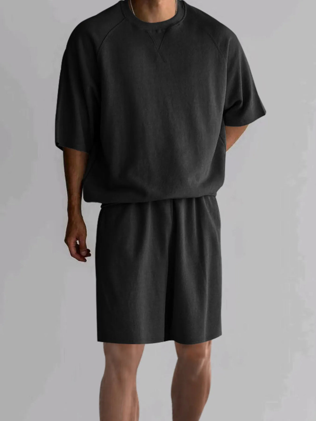 Men's Full Size Round Neck Top and Shorts Set Plus Size in Black