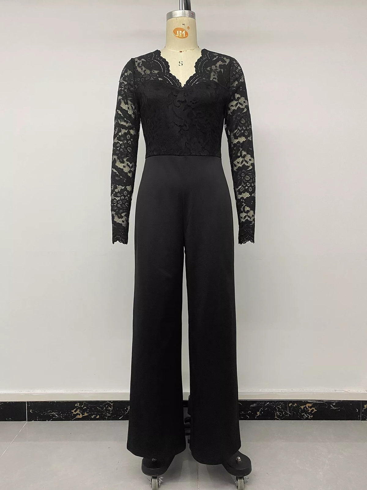 Lace Long Sleeve Wide-Leg Jumpsuit in Black, view 8