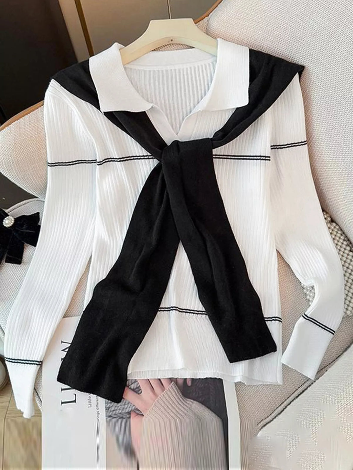 Ribbed Knit Top with Contrast Shawl - Lilixa.store