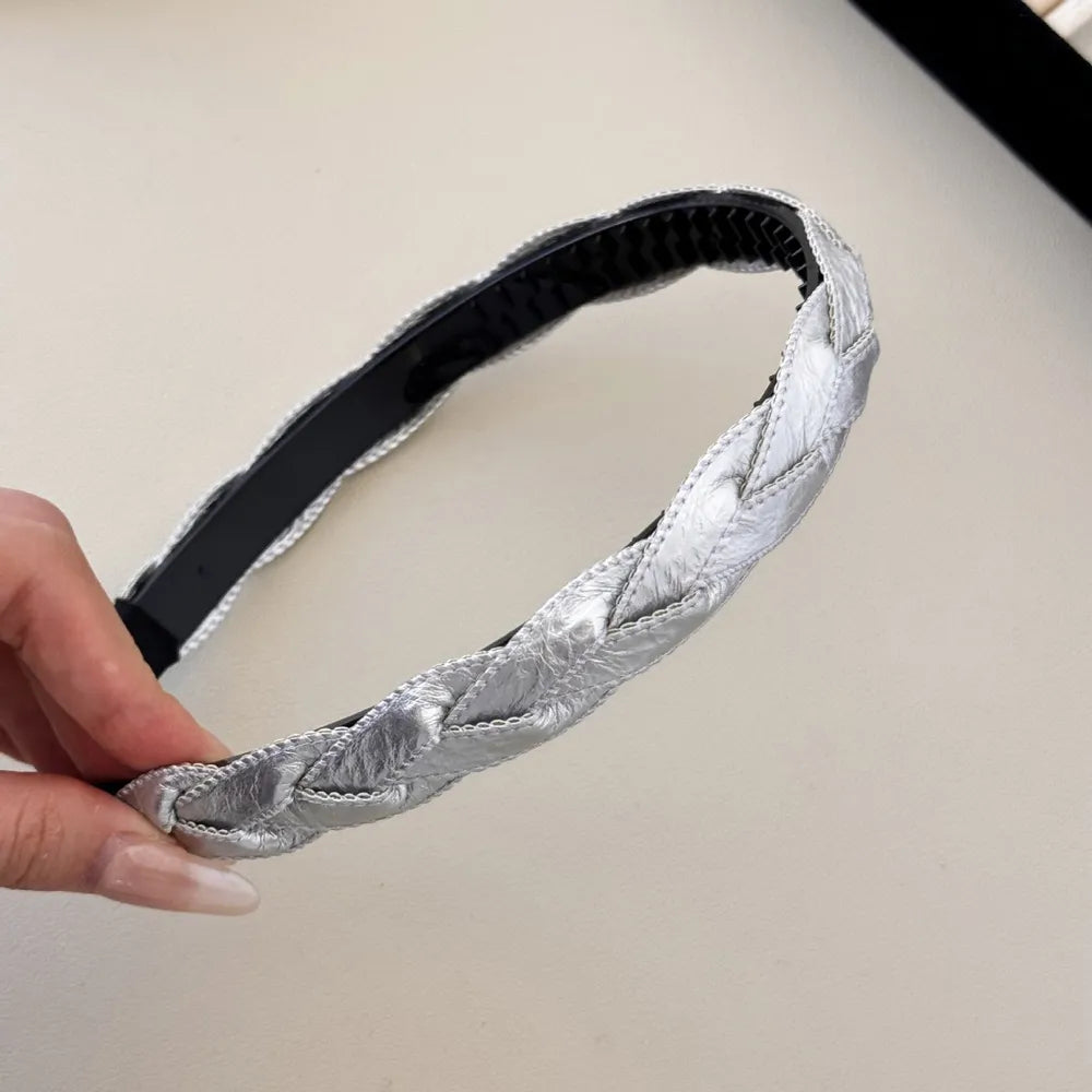 PU Leather Braided Hair Headband in Silver