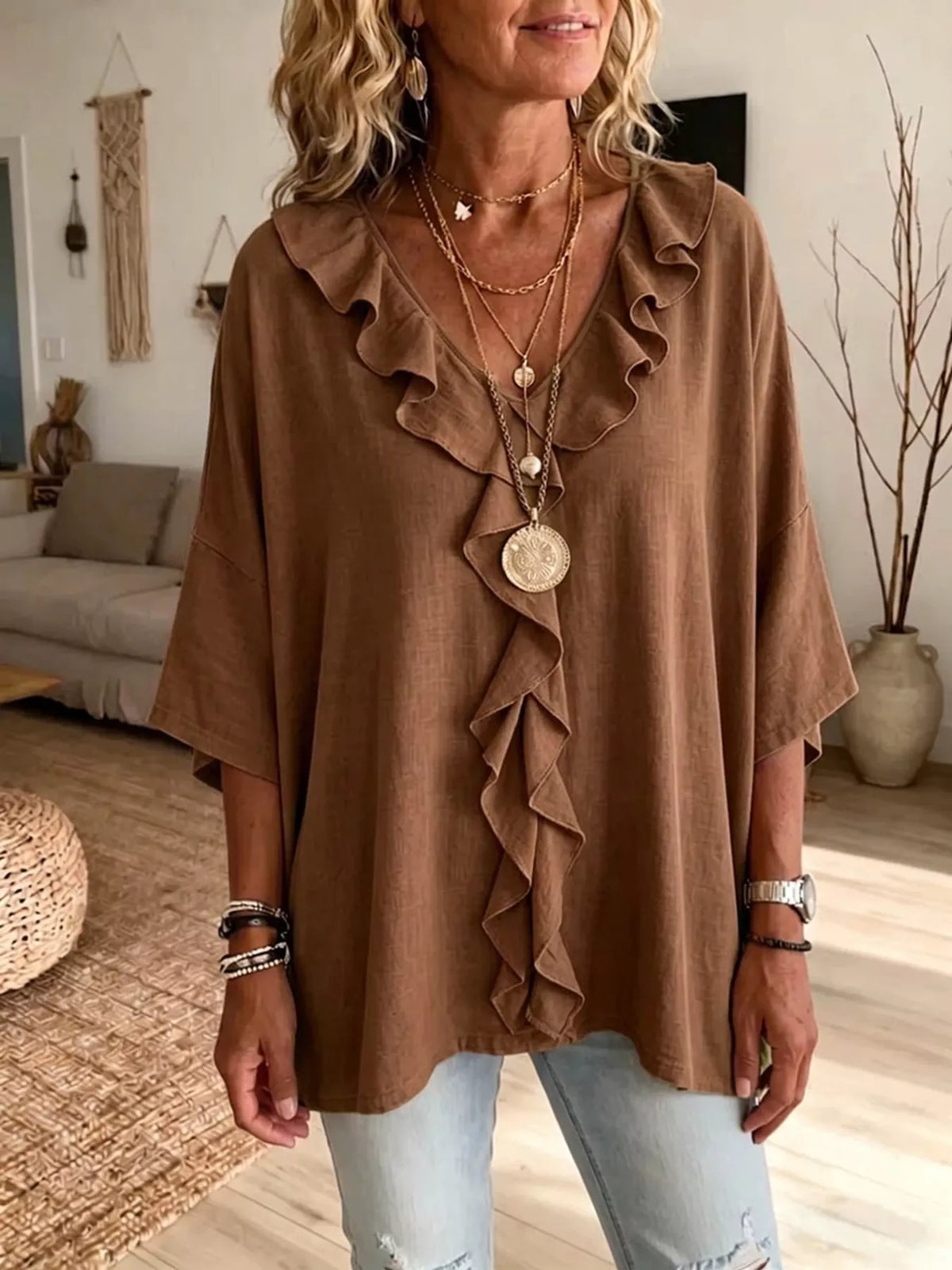 Full Size Ruffled V-Neck 3/4 Sleeve Blouse Plus Size in Brown