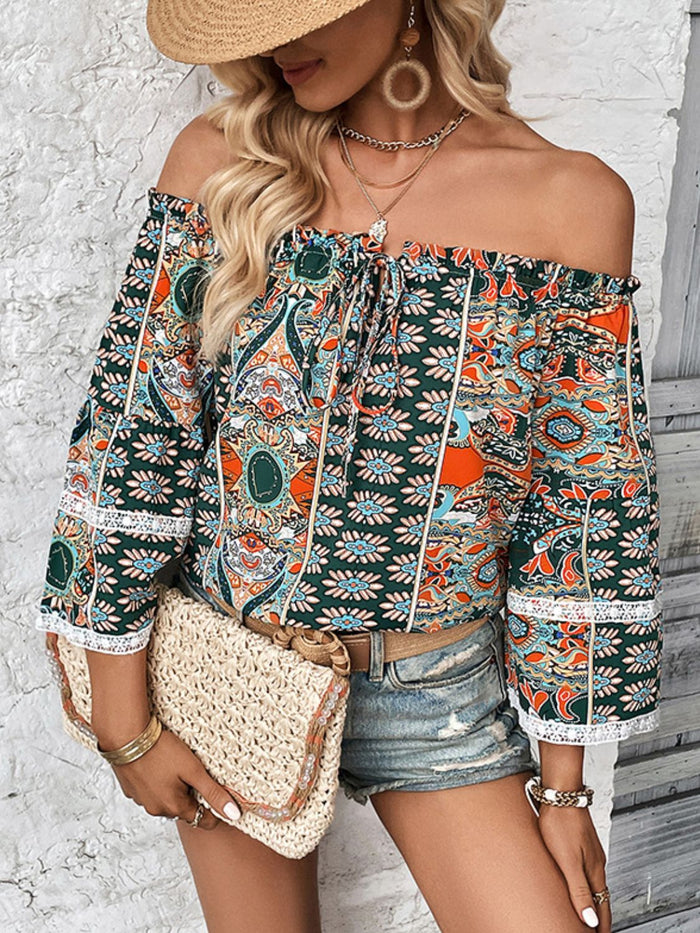 Perfee Printed Frill Trim Off-Shoulder Blouse in Multicolor