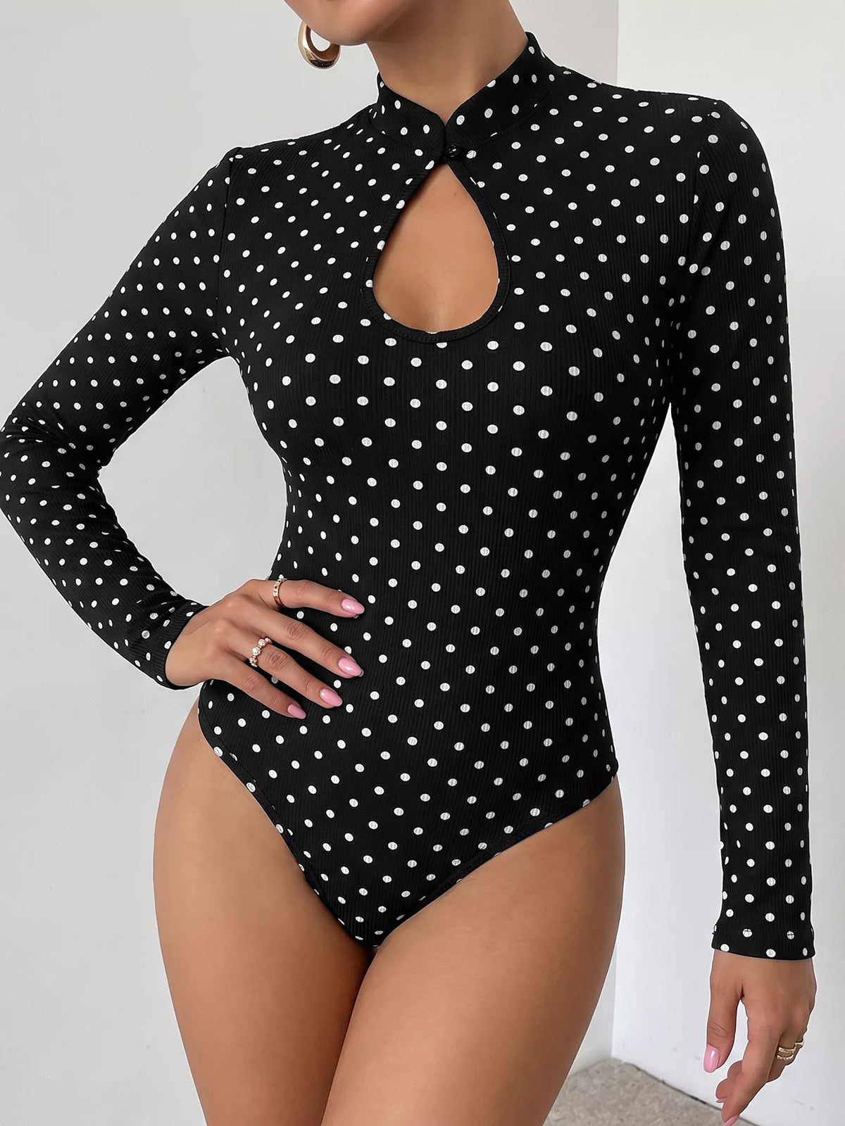 Polka Dot Cutout Long Sleeve Bodysuit - Lilixa.store