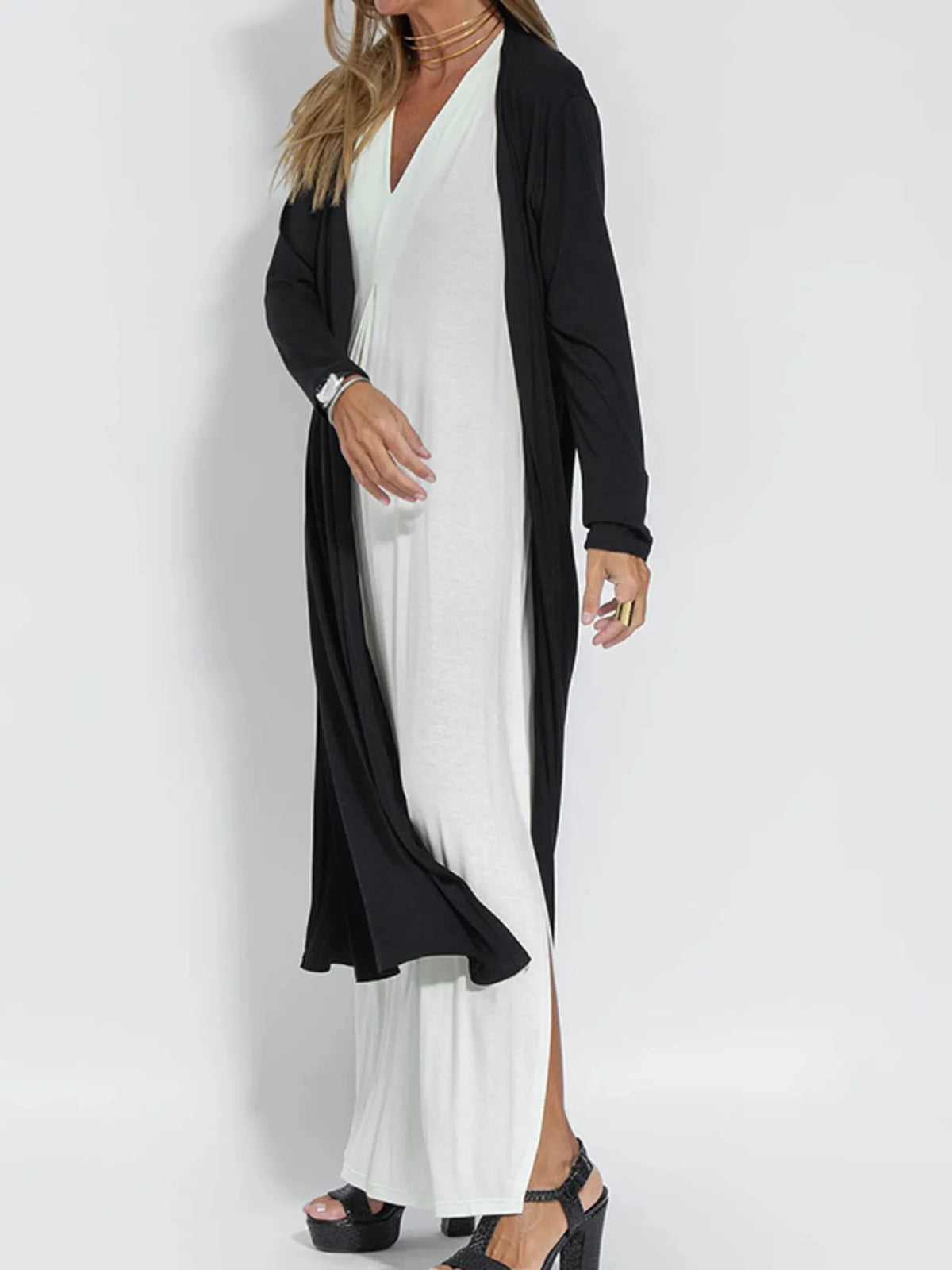 Full Size Open Front Side Slit Longline Cardigan Plus Size, view 7