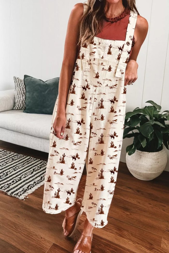 Western Printed Button Adjustable Straps Loose Jumpsuit - Lilixa.store