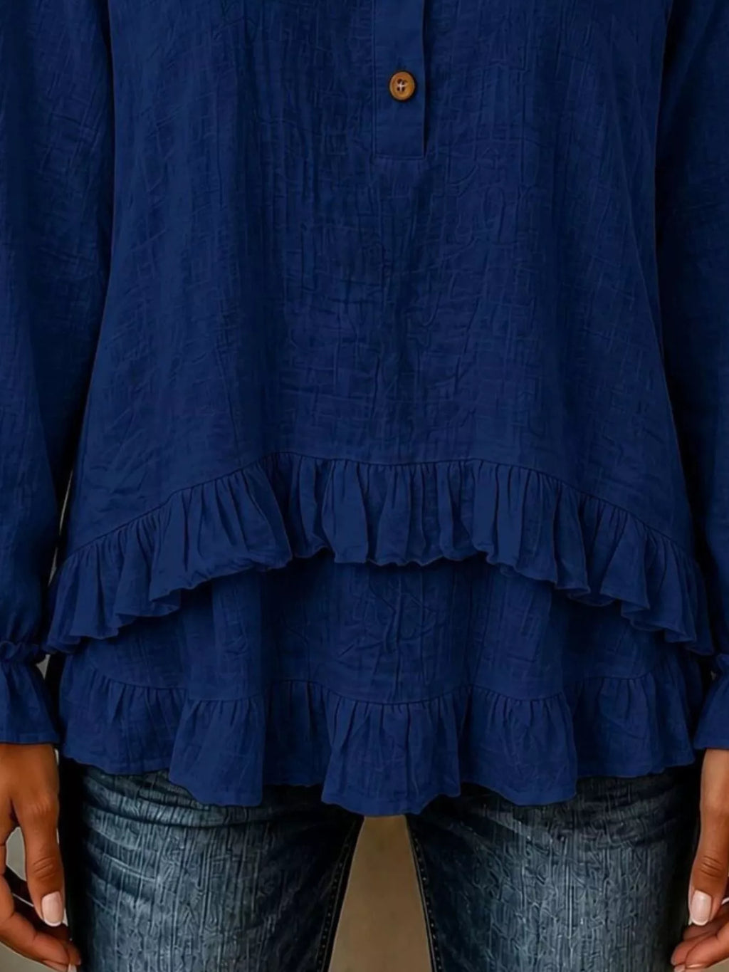 V-Neck Long Sleeve Button Detail Ruffled Hem Blouse - Lilixa.store