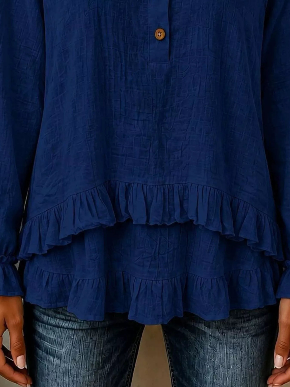 V-Neck Long Sleeve Button Detail Ruffled Hem Blouse, view 4