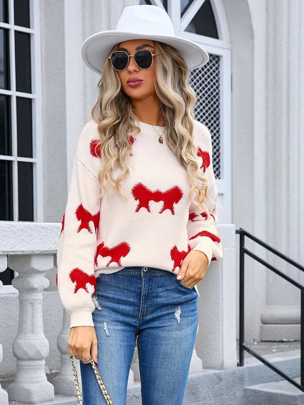 Angel Wings Bow Round Neck Dropped Shoulder Sweater, view 3