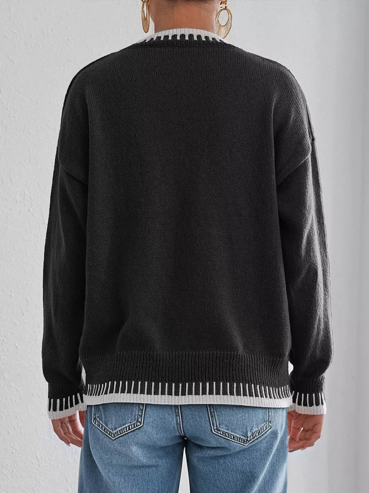 Contrast Trim Crew Neck Drop Shoulder Sweater - Lilixa.store