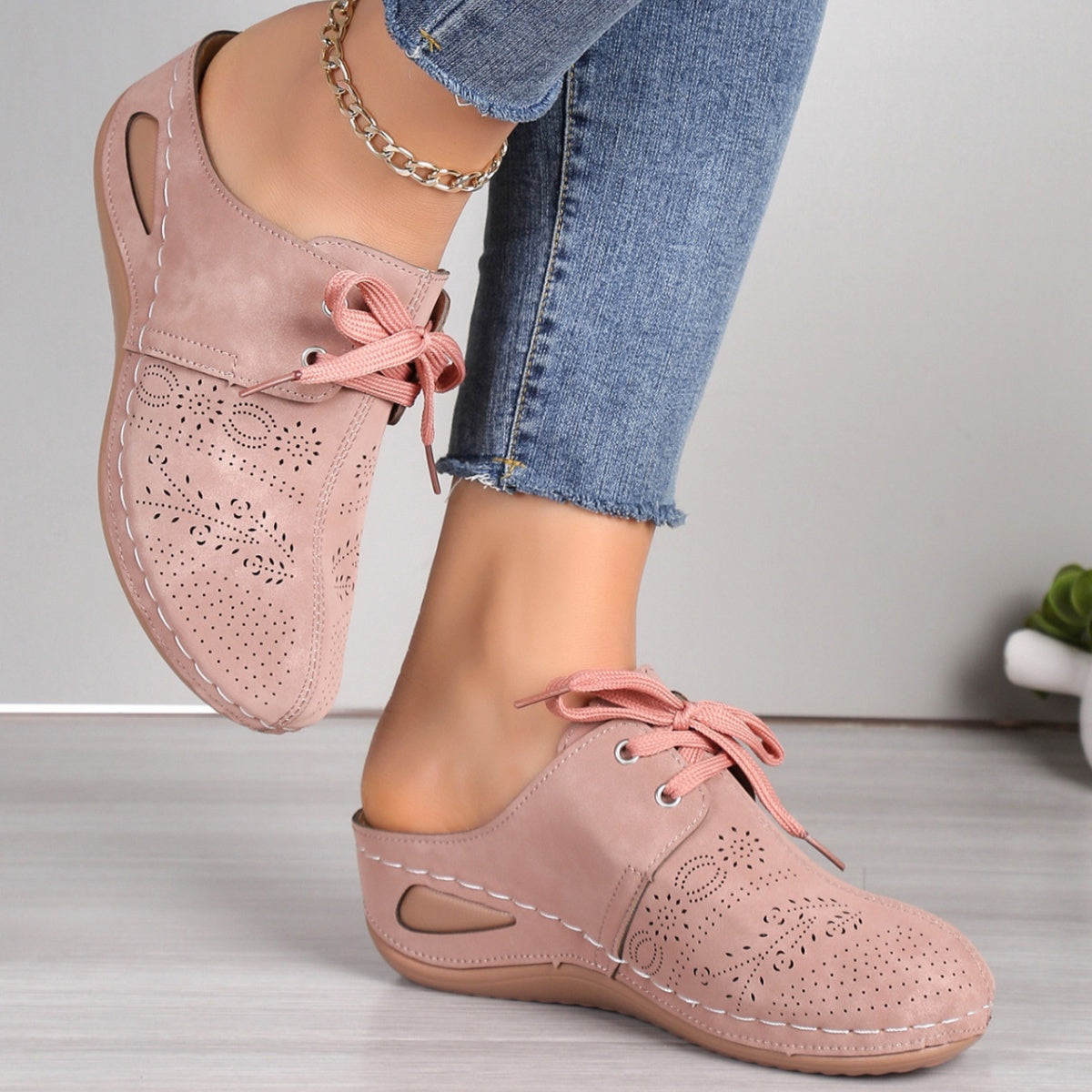 Lace-Up Wedge Slip-Ons in Pink