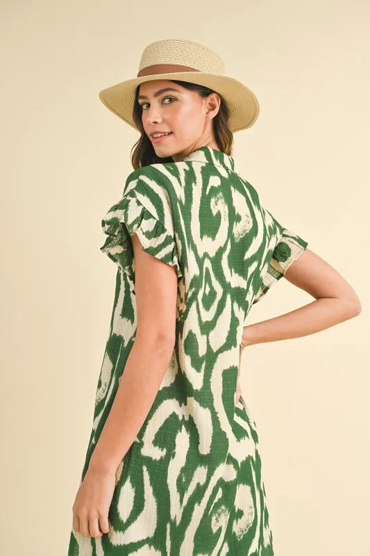 Annie Wear Abstract Printed Frill Sleeve Shirt Mini Dress - Lilixa.store