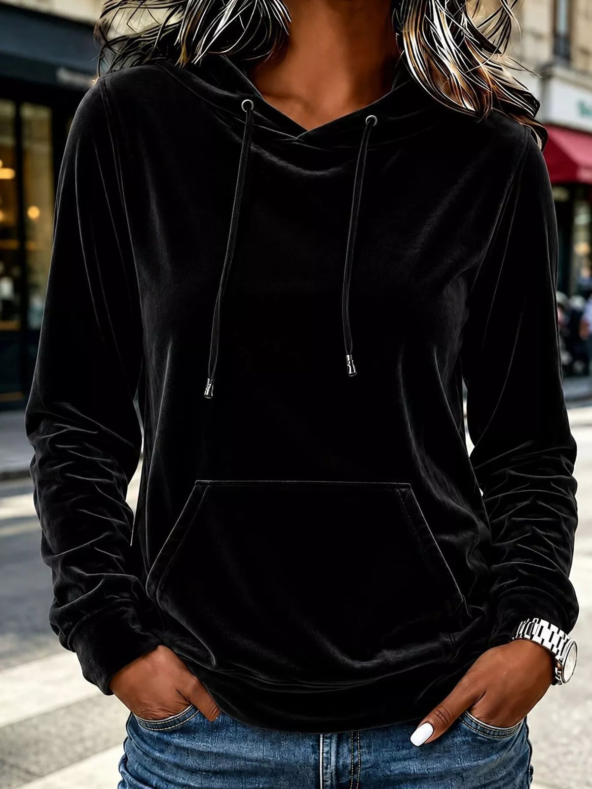Full Size Velvet Kangaroo Pocket Hoodie Plus Size