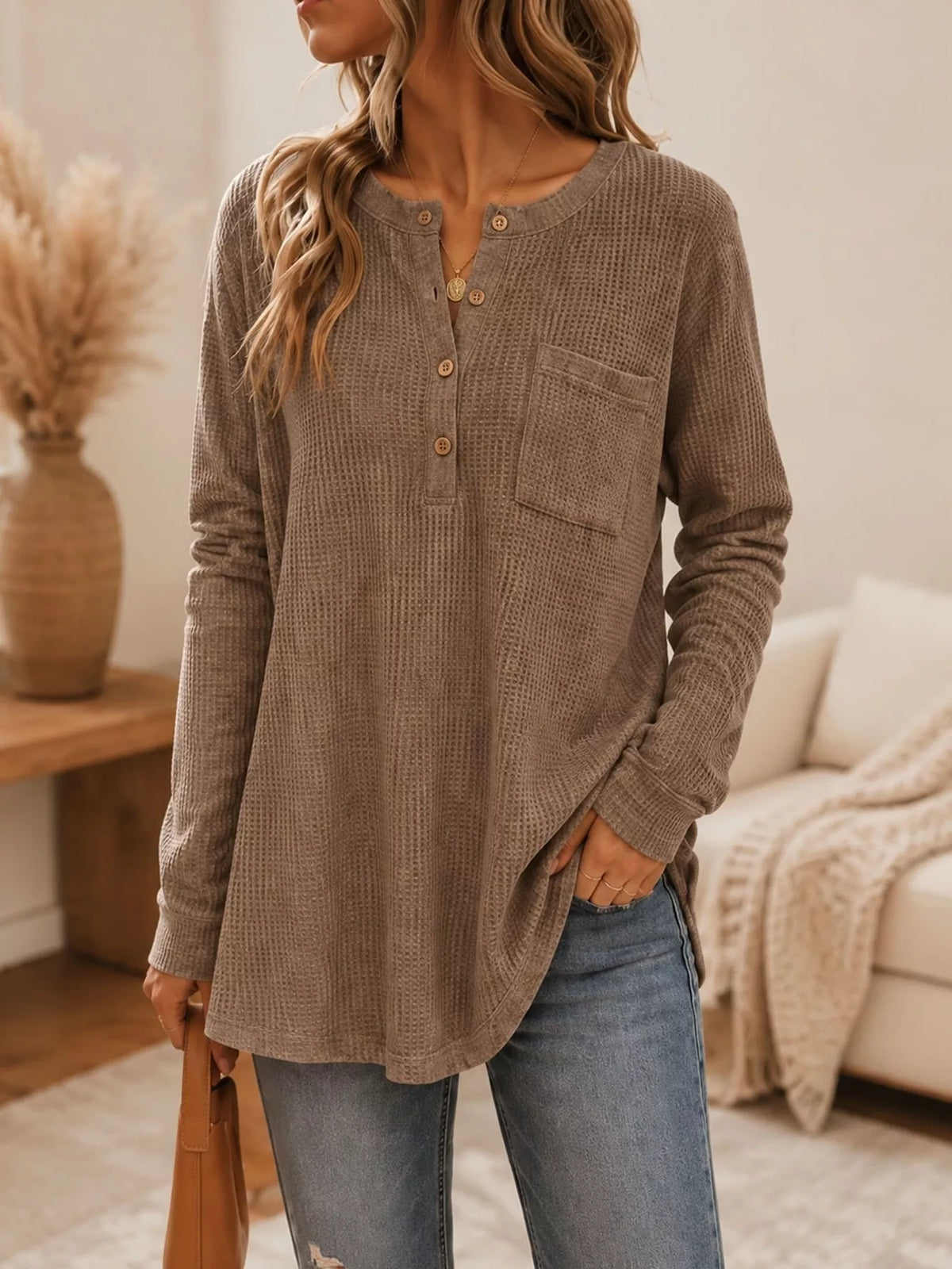 Waffle Knit Button Detail Top - Lilixa.store