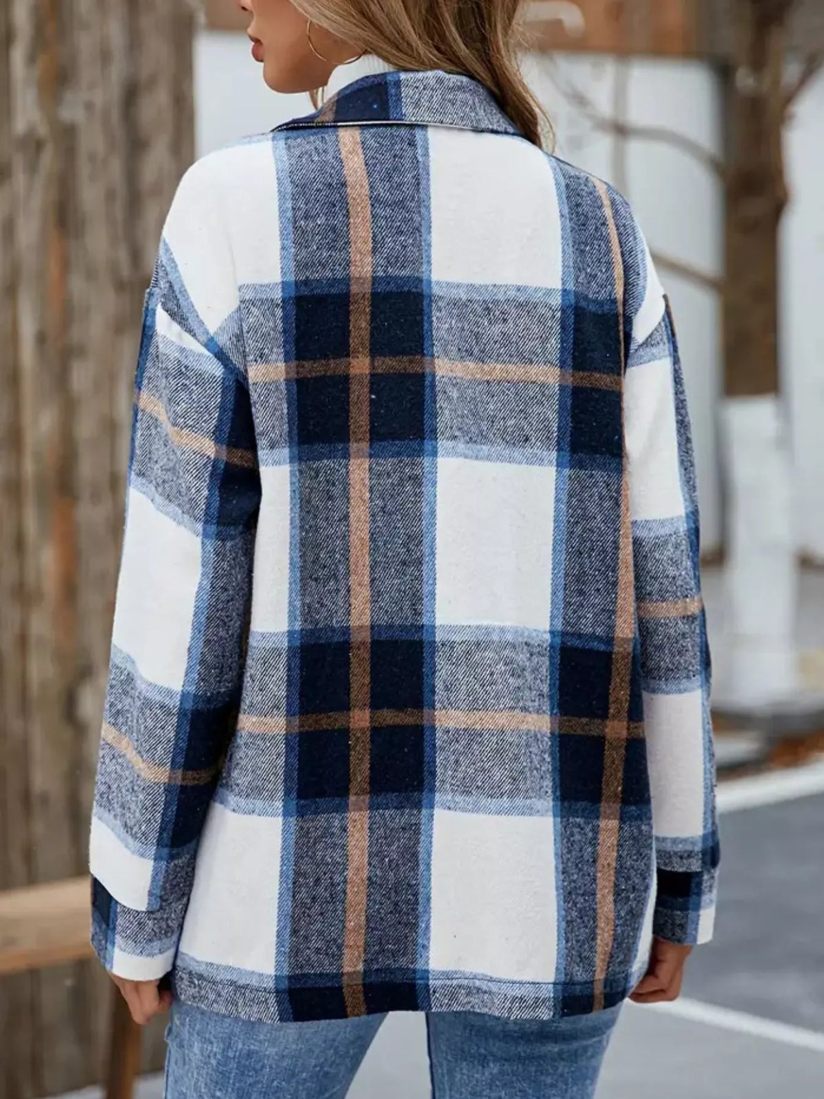 Plaid Button-Up Long Sleeve Shacket, view 4