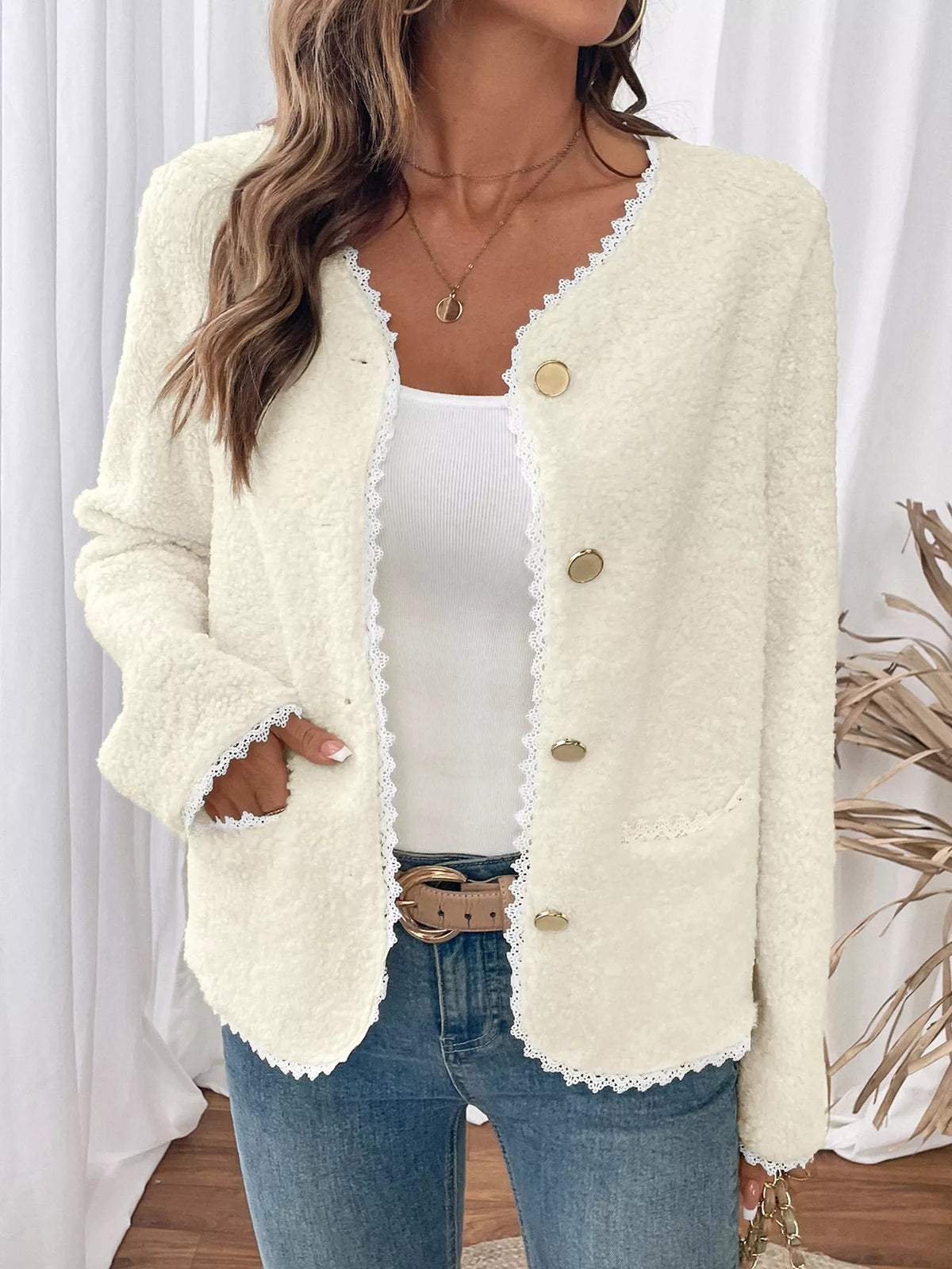 Lace Detail Button Up Long Sleeve Outerwear - Lilixa.store
