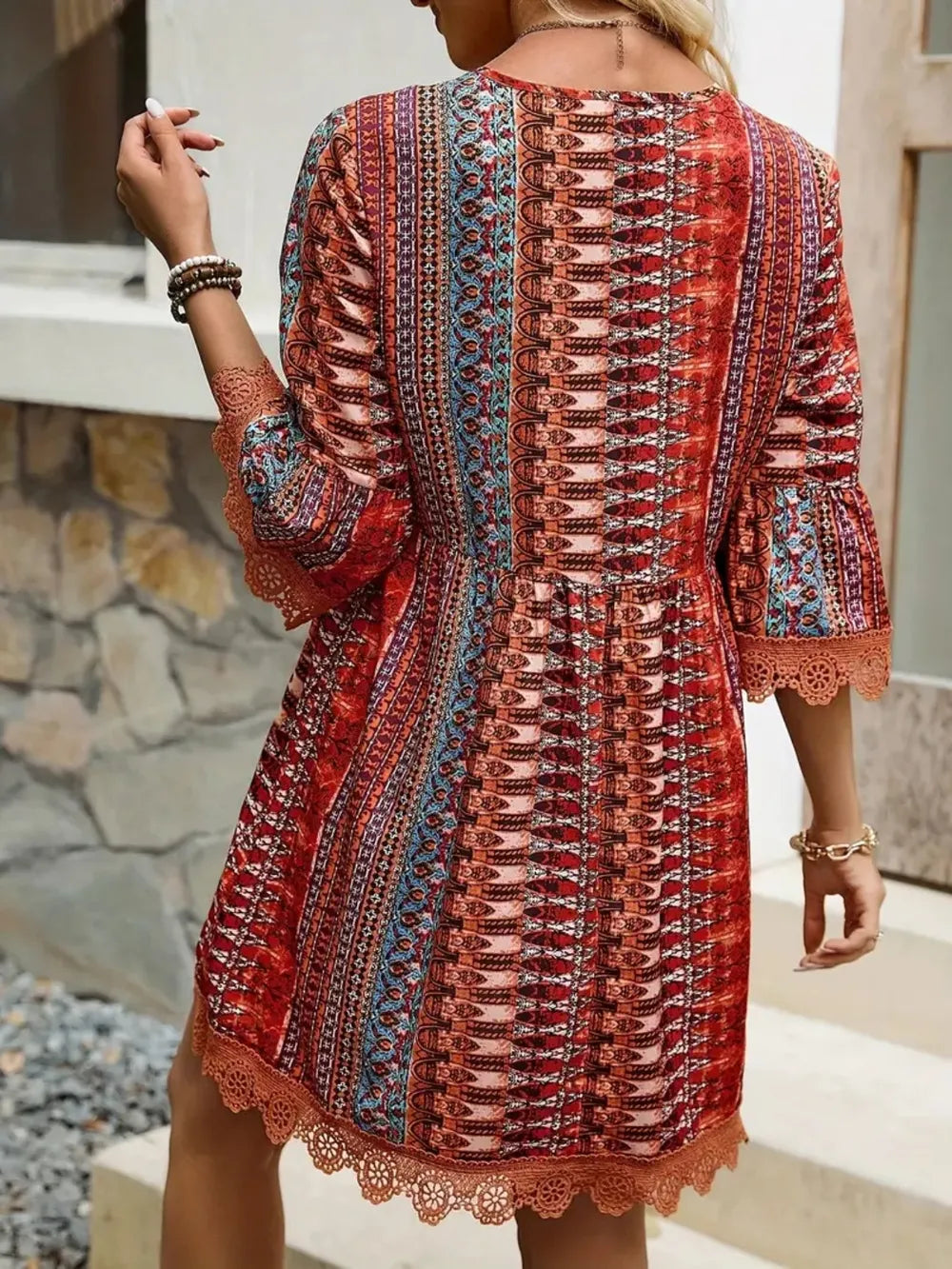 Lace Trim Printed V-Neck 3/4 Sleeve Dress - Lilixa.store
