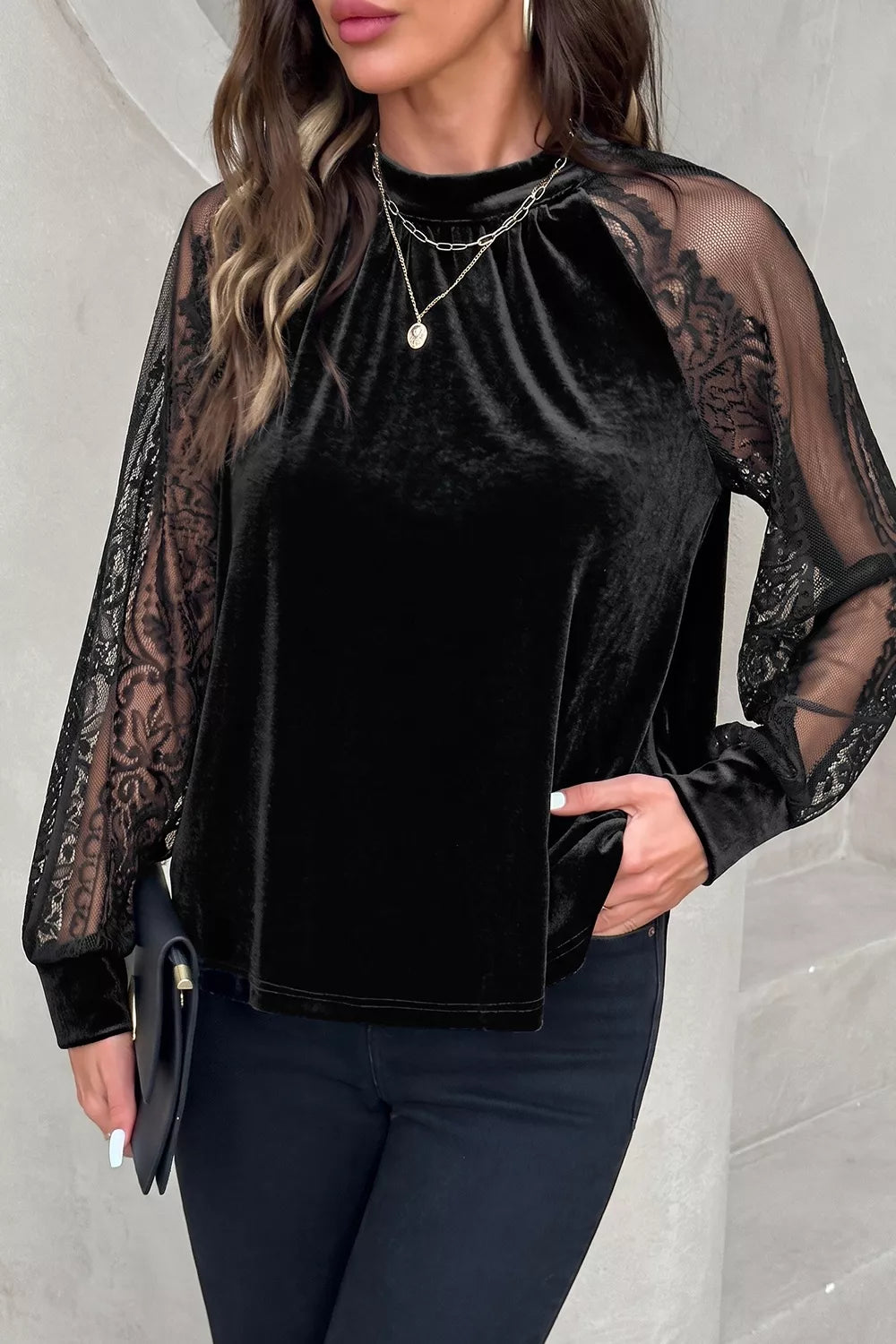 Solid Color Sheer Lace Long Sleeve Patchwork Stand Neck Velvet Blouse - Lilixa.store