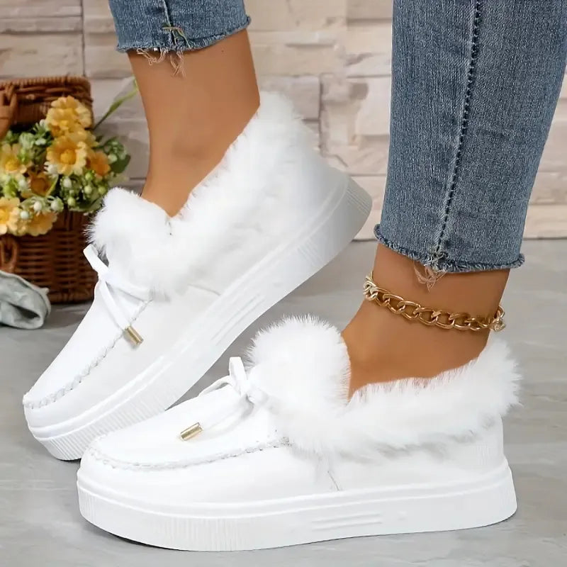 Bow Furry Round Toe Flat Slip-Ons, view 3