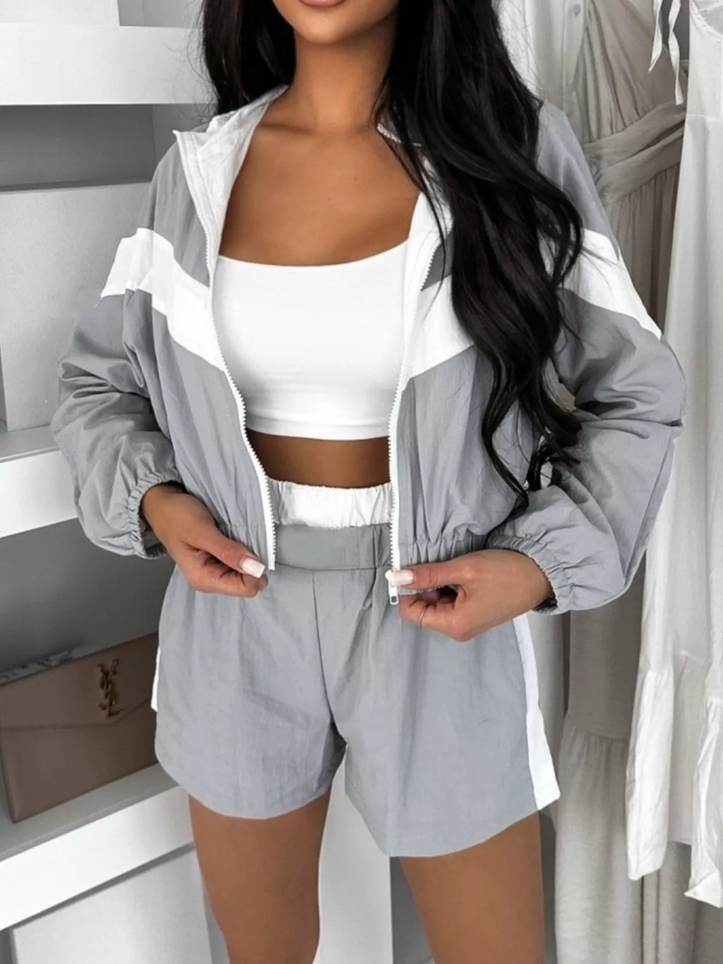 Color Block Zip-Up Jacket and Shorts Two-Piece Set - Lilixa.store
