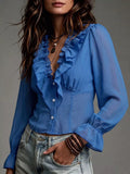 V-Neck Ruffled Chiffon Blouse - Lilixa.store