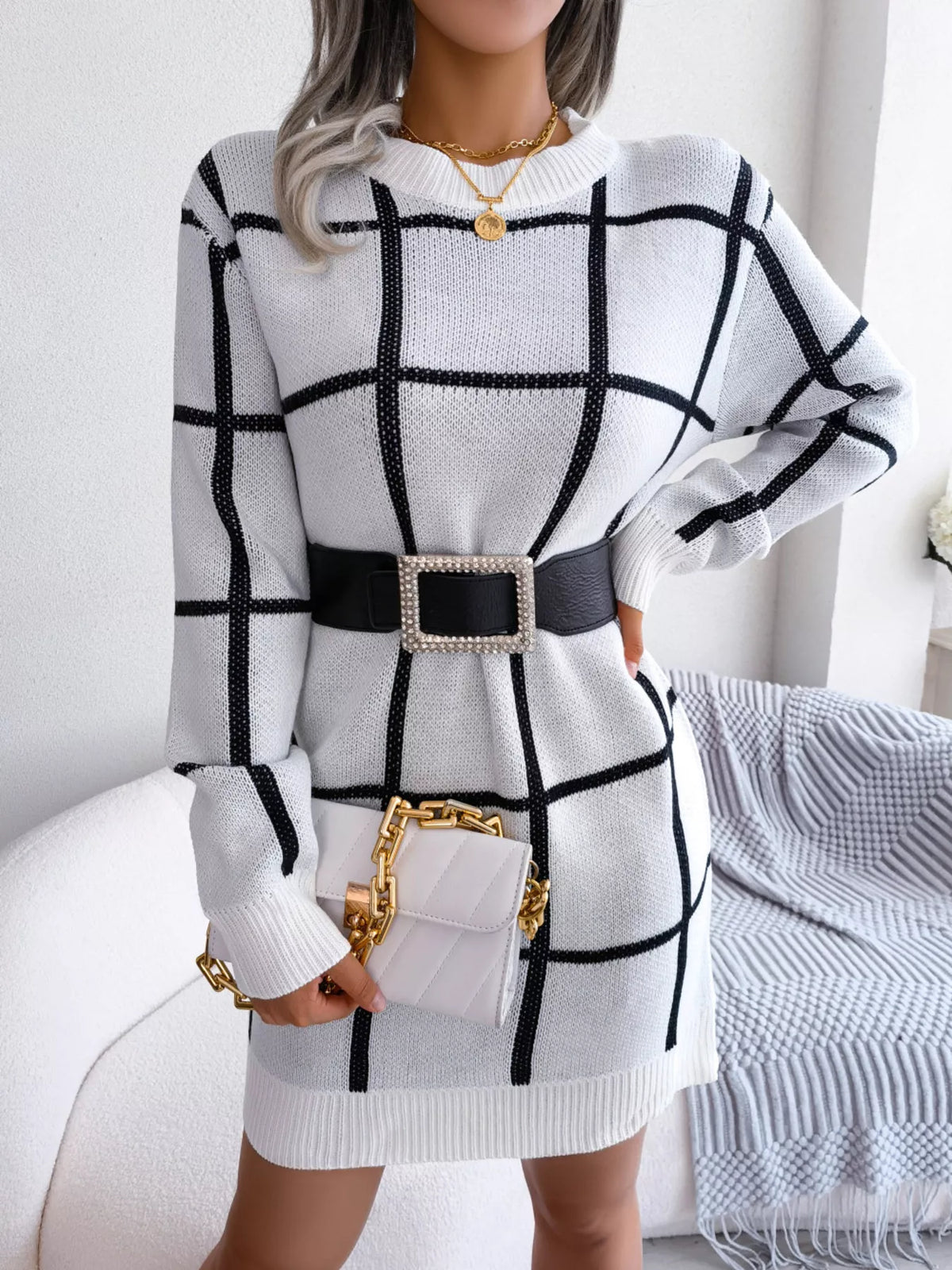 Plaid Pattern Long Sleeve Sweater Dress, view 20