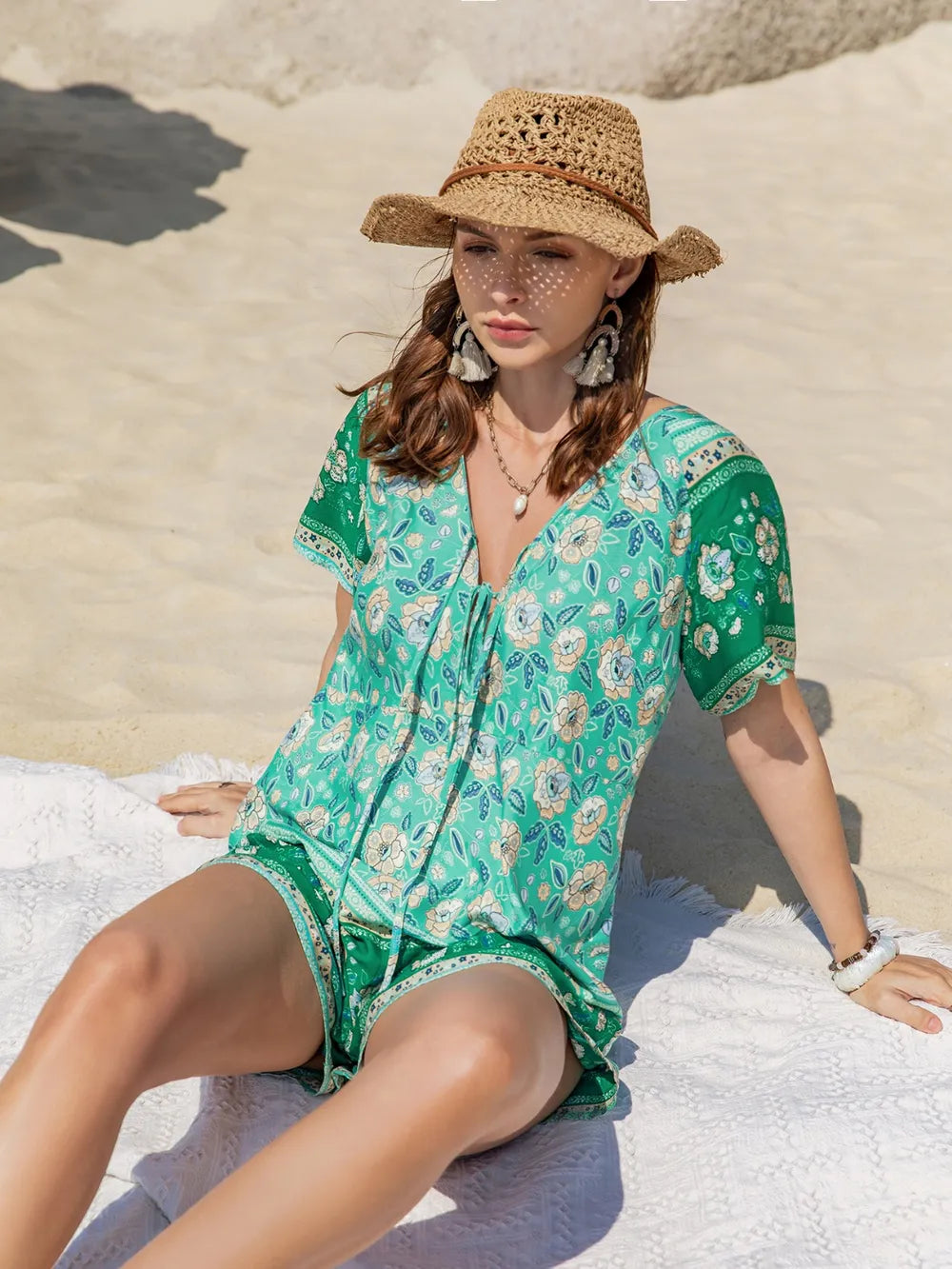 Tied Printed Short Sleeve Romper - Lilixa.store