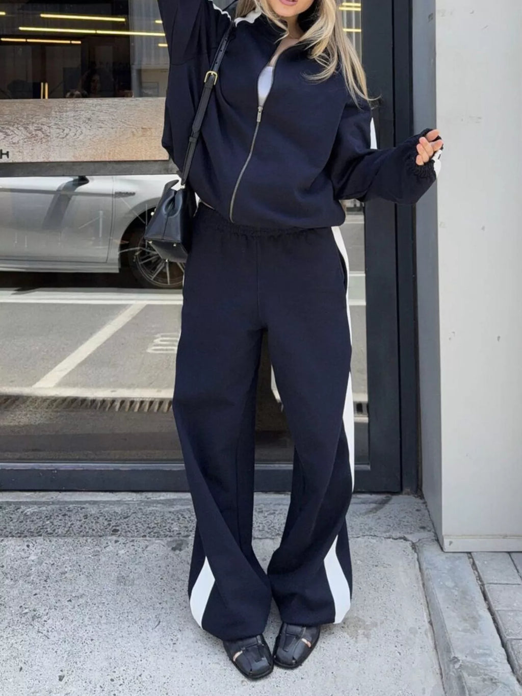 Contrast Side Stripe Zip Up Top and Pants Set - Lilixa.store