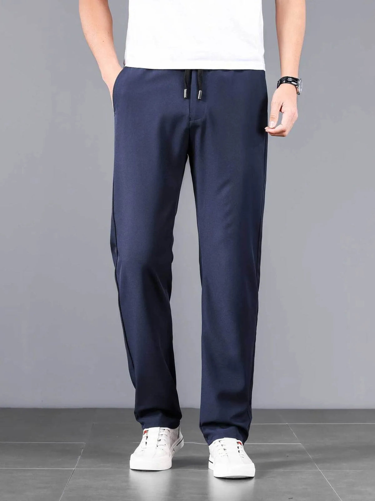Men's Plus Size Casual Drawstring Straight-Leg Pants in Navy Blue