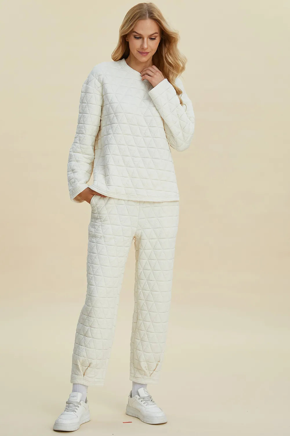 Double Take Full Size Texture Round Neck Long Sleeve Top and Pants Set - Lilixa.store