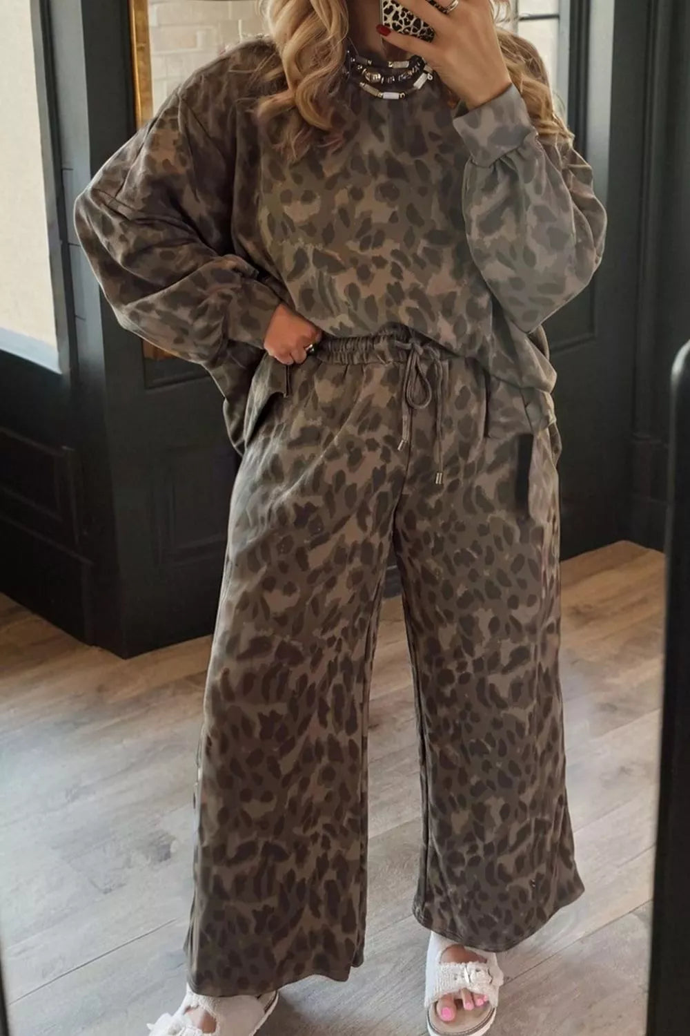 Leopard Print Long Sleeve Top and Pants Set, view 6