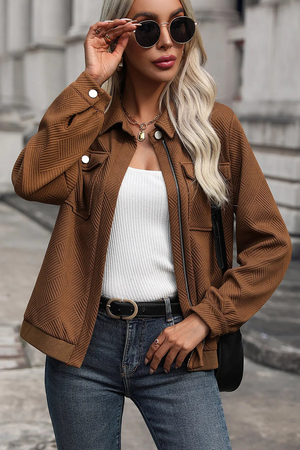 Perfee Textured Zip Up Collared Neck Jacket - Lilixa.store