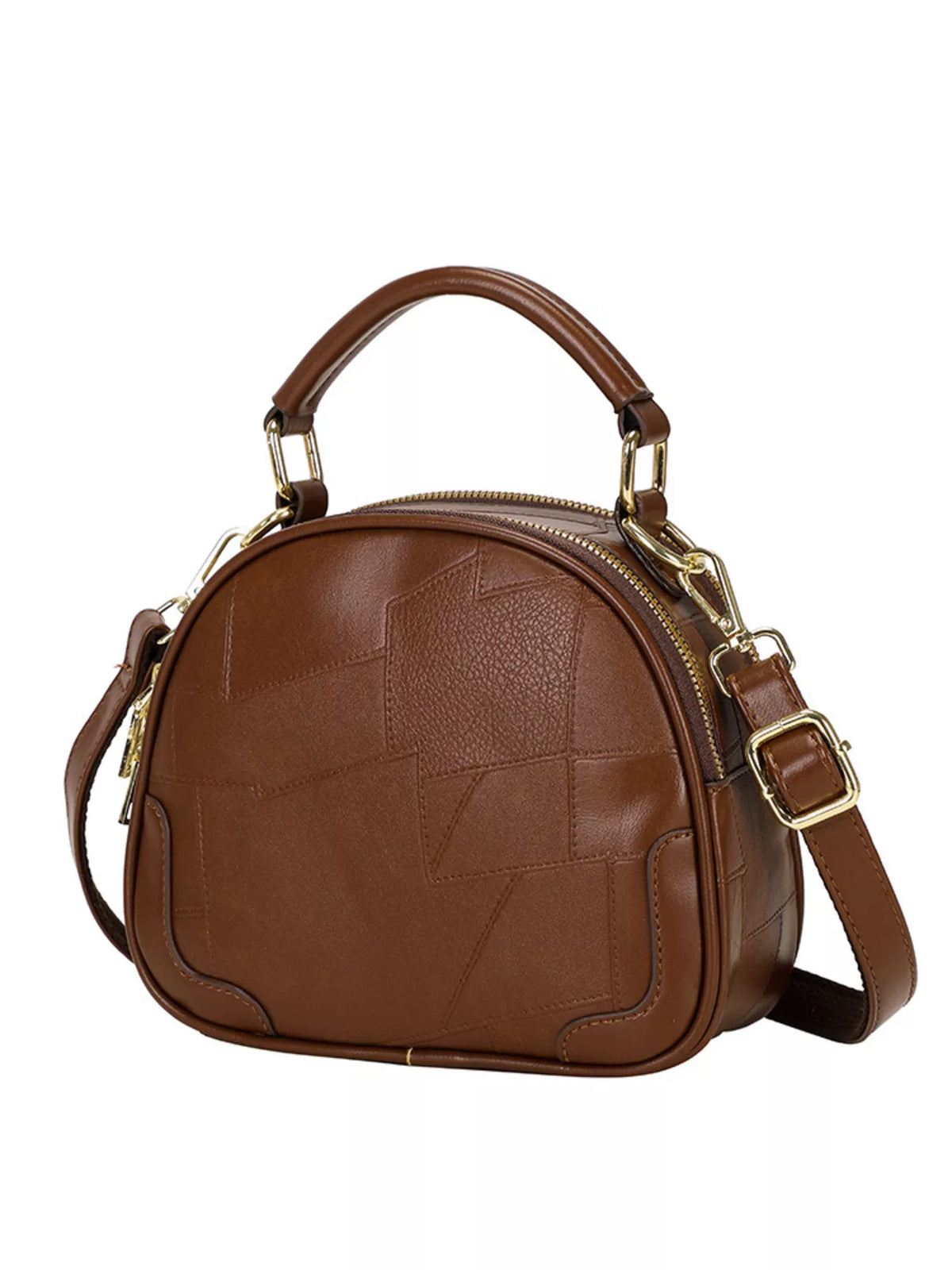 Patchwork Leather Crossbody Bag with Top Handle in Caramel, view 11