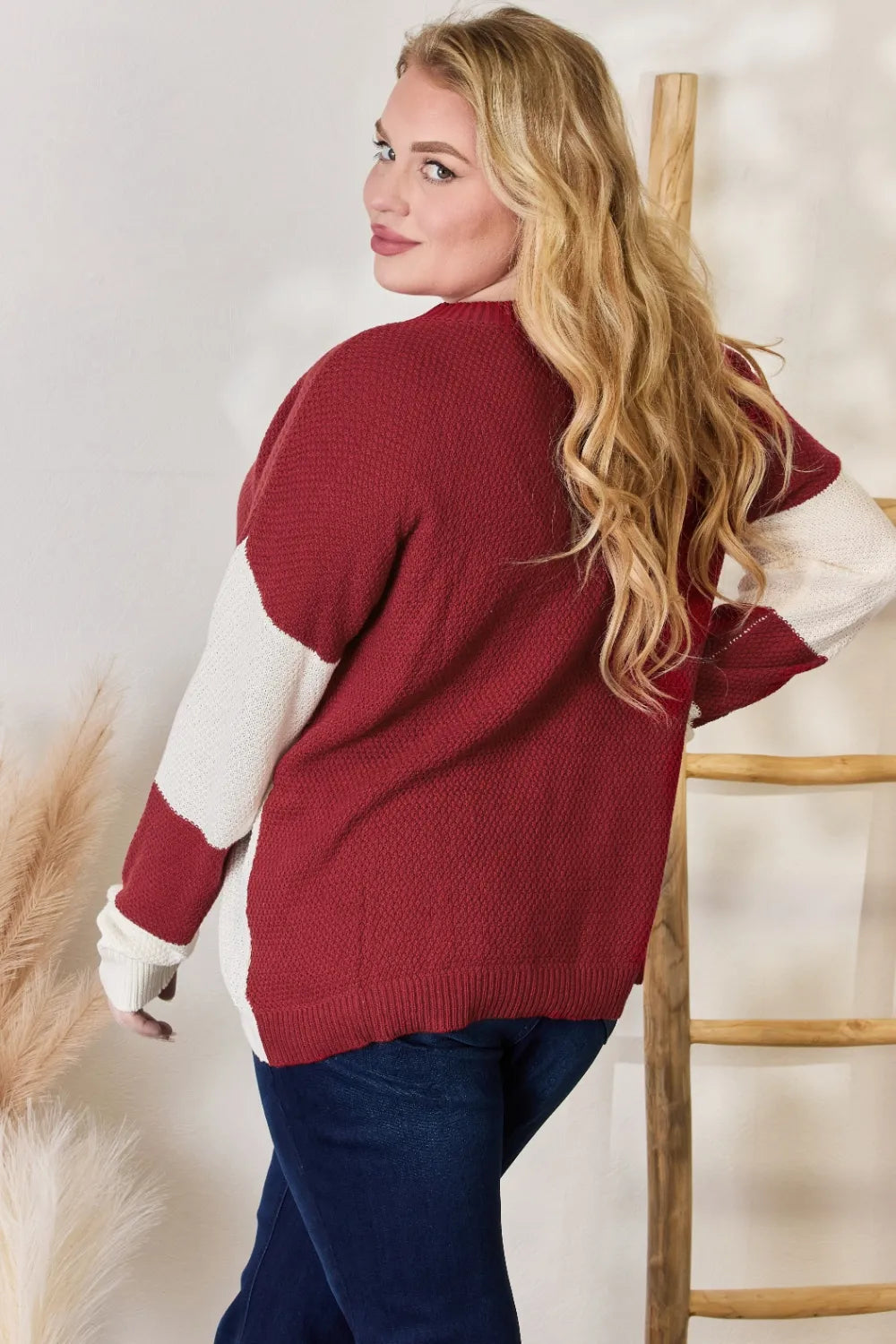Hailey & Co Full Size Color Block Dropped Shoulder Knit Top - Lilixa.store