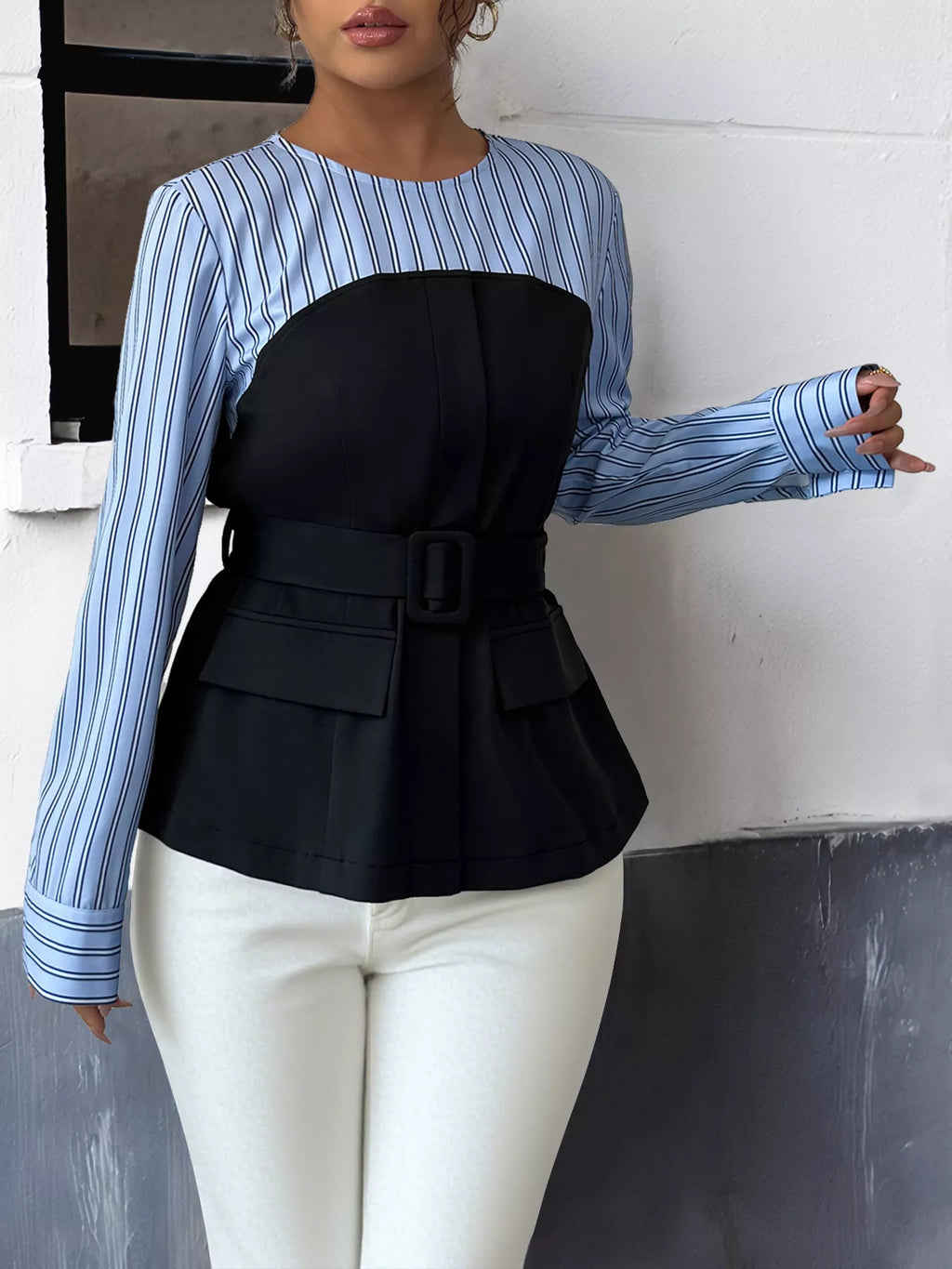 Striped Long Sleeve Blouse with Bow Tie - Lilixa.store