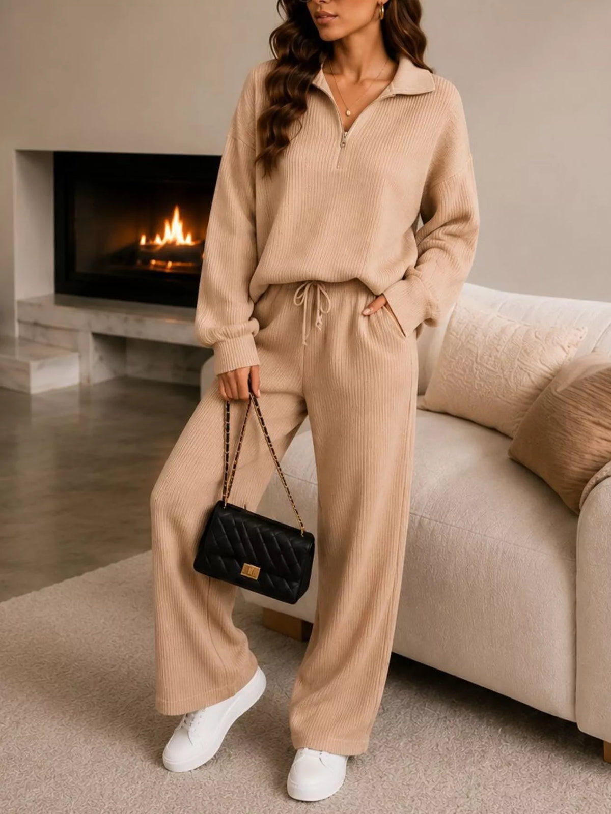 Ribbed Knit Quarter-Zip Top and Wide-Leg Pants Set in Tan