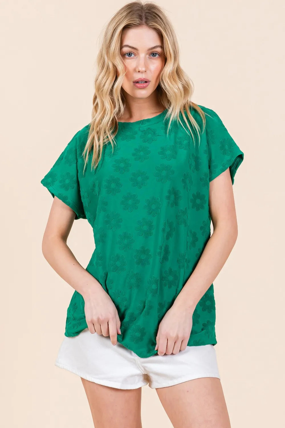 BOMBOM Textured Floral Pattern Short Sleeve T-Shirt - Lilixa.store