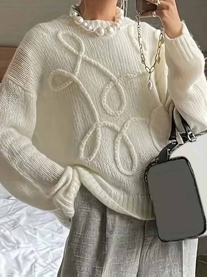 Plus Size Drop Shoulder Textured Sweater with Embossed Rope Detail in Cream