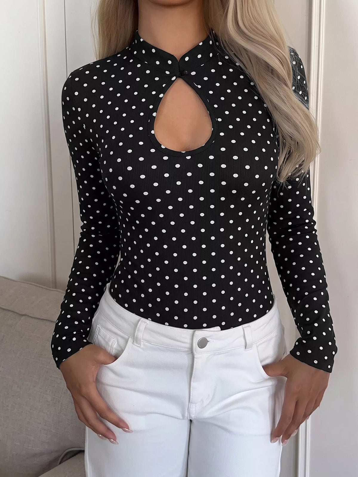 Polka Dot Cutout Long Sleeve Bodysuit