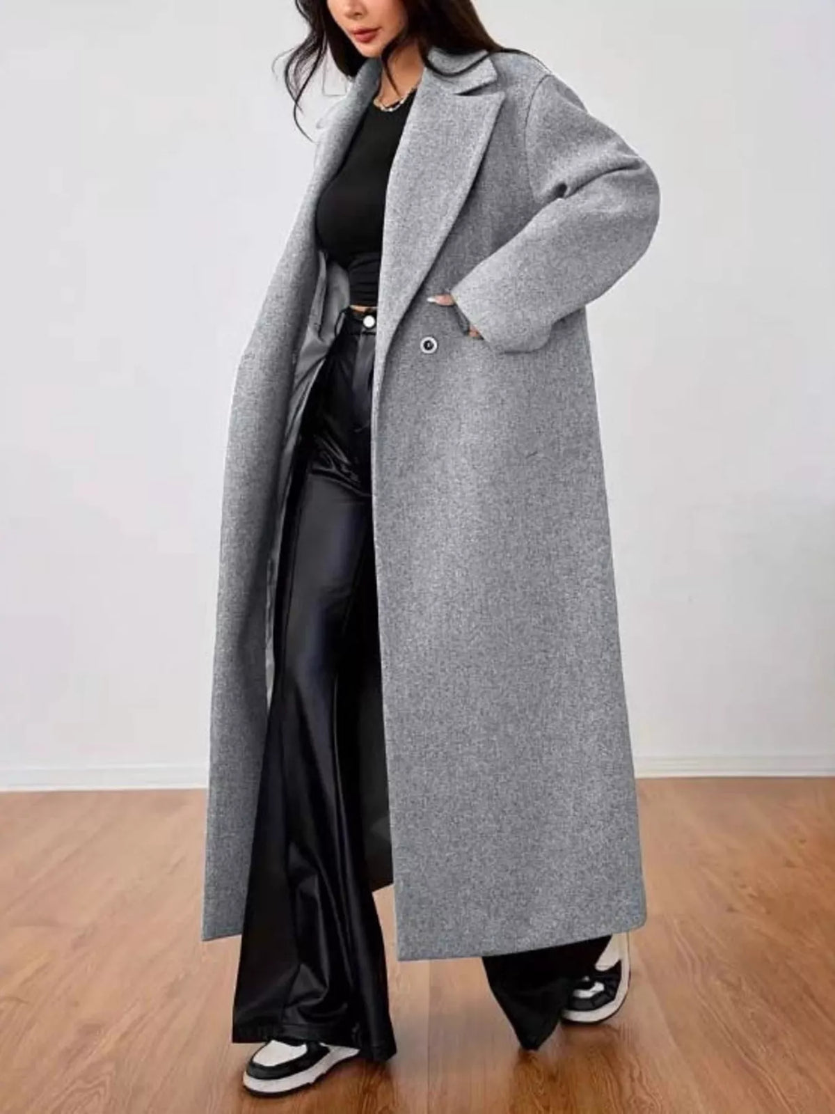 Wool-Blend Longline Overcoat in Gray, view 3