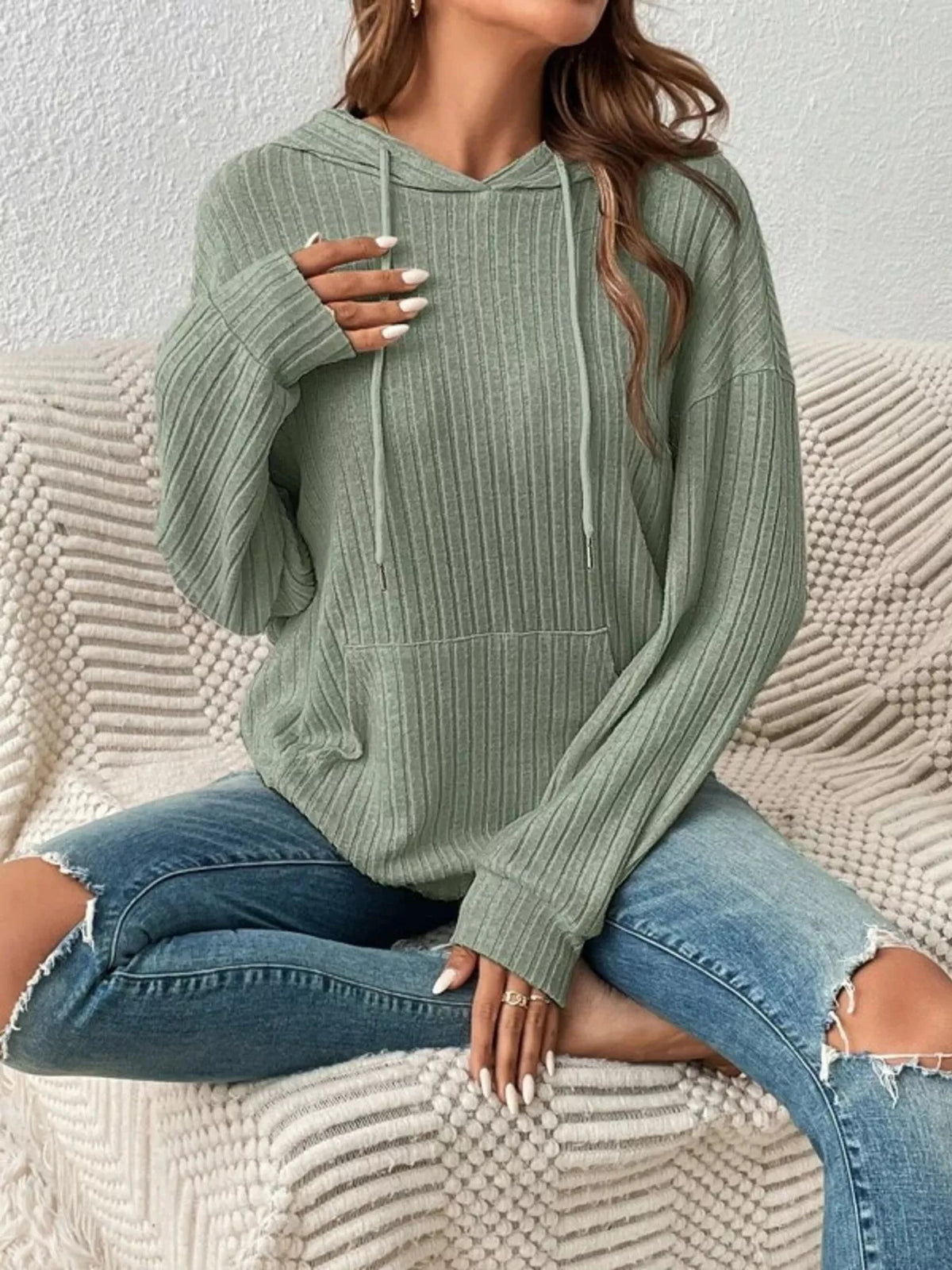 Casual Ribbed Knit Drawstring Hoodie - Lilixa.store