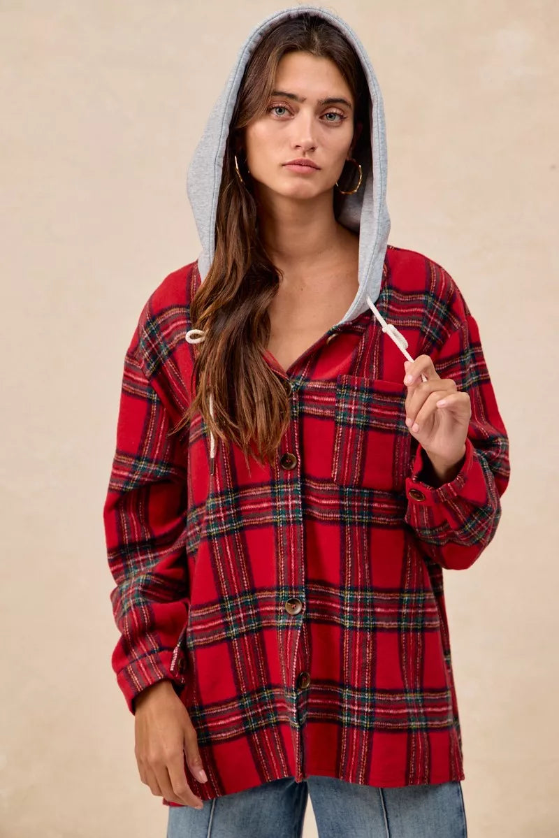 BiBi Brushed Plaid Hooded Jacket in Red Plaid, view 12
