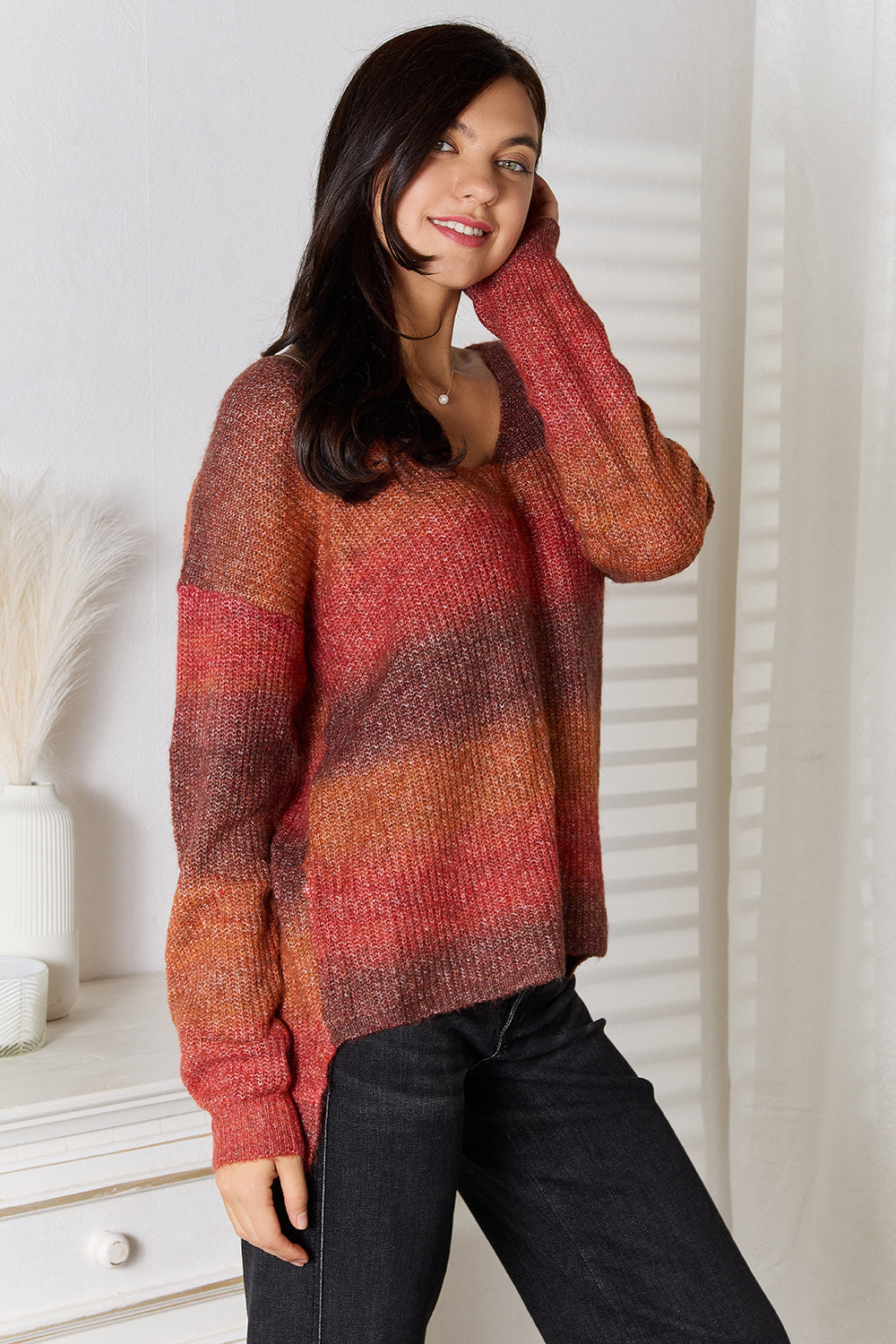Angel Wings Gradient V-Neck Sweater in Brick Red, view 5
